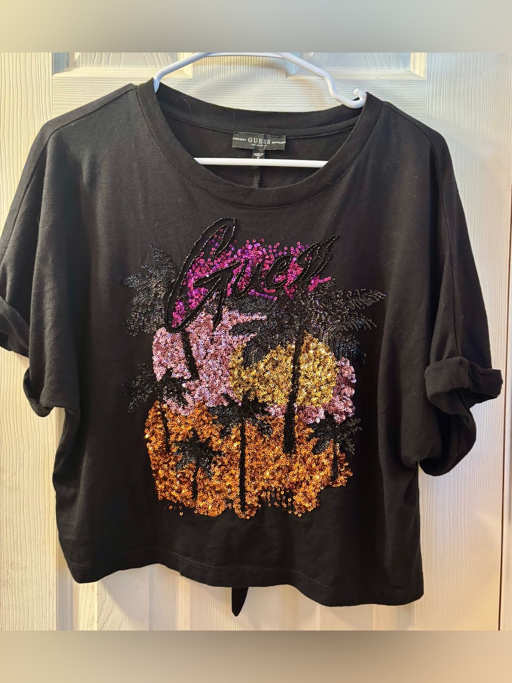 GUESS Black Sequin Palm-Graphic Crop Top with Pink & Gold Accents